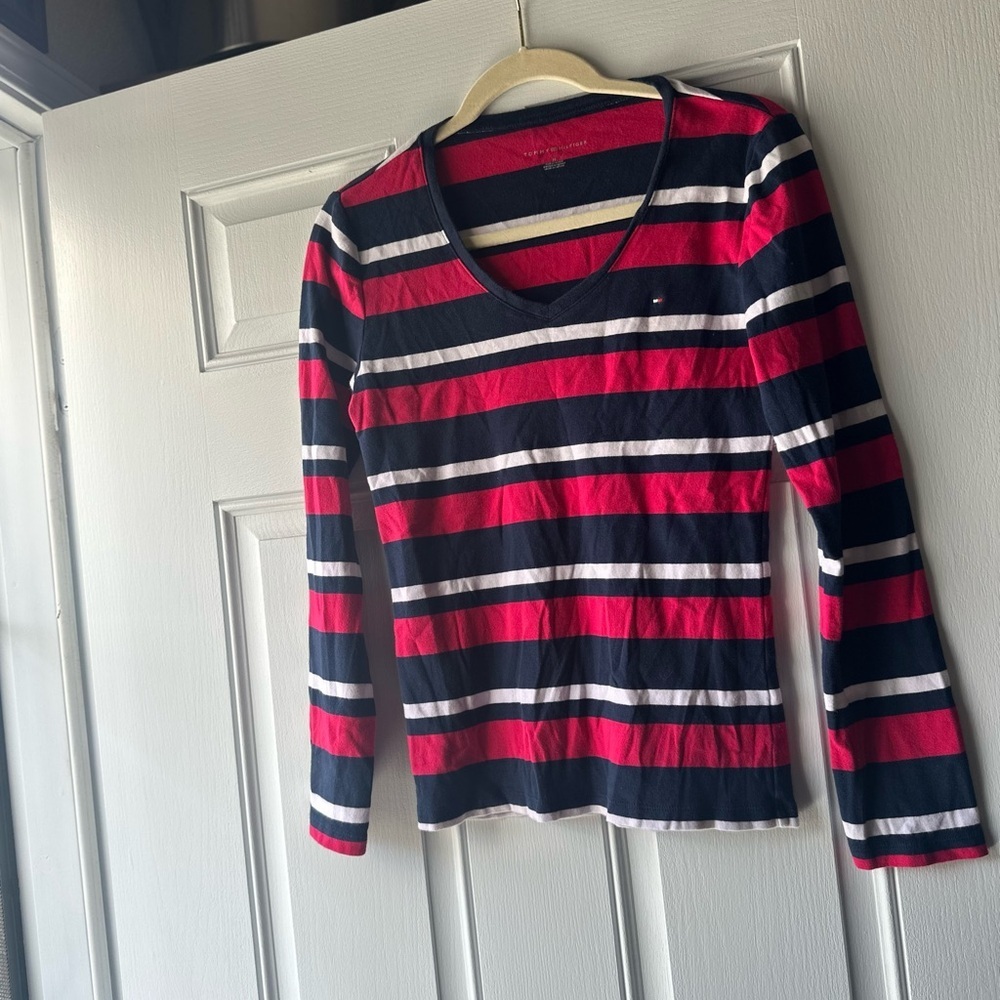 Tommy Hilfiger Red and Navy Striped Tee M